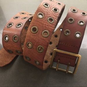 double prong square brown leather belt